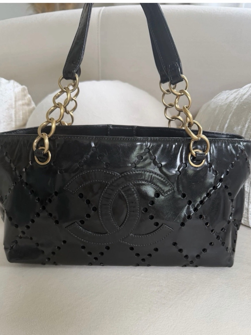 CHANEL Black Quilted Patent Shoulder Bag with Gold Chain Handles